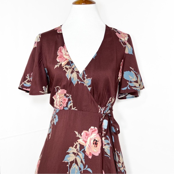 Show Me Your Mumu Floral Burgundy Brown Short Sleeve Mini Tie Waist Wrap Dress S - Picture 7 of 13